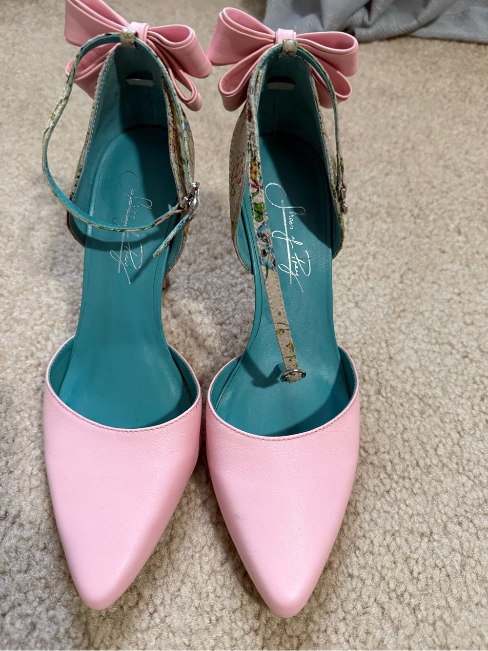 Shoes of Prey Pink Pointed-Toe Ankle Strap Pumps with Teal Insole and Bow